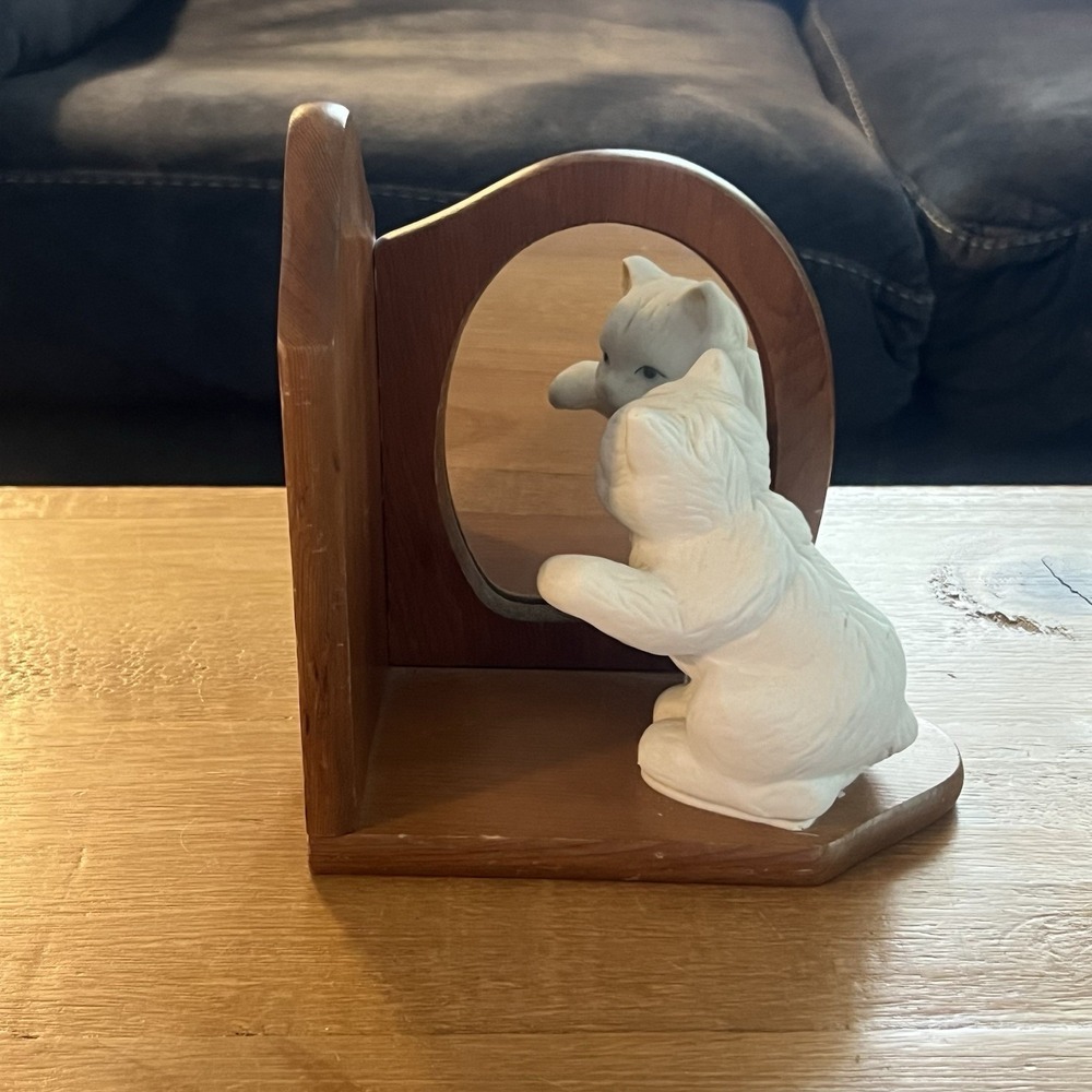 Vintage Cat Mirror Book End Wood White Kitty Figurine Country Cottage Decor